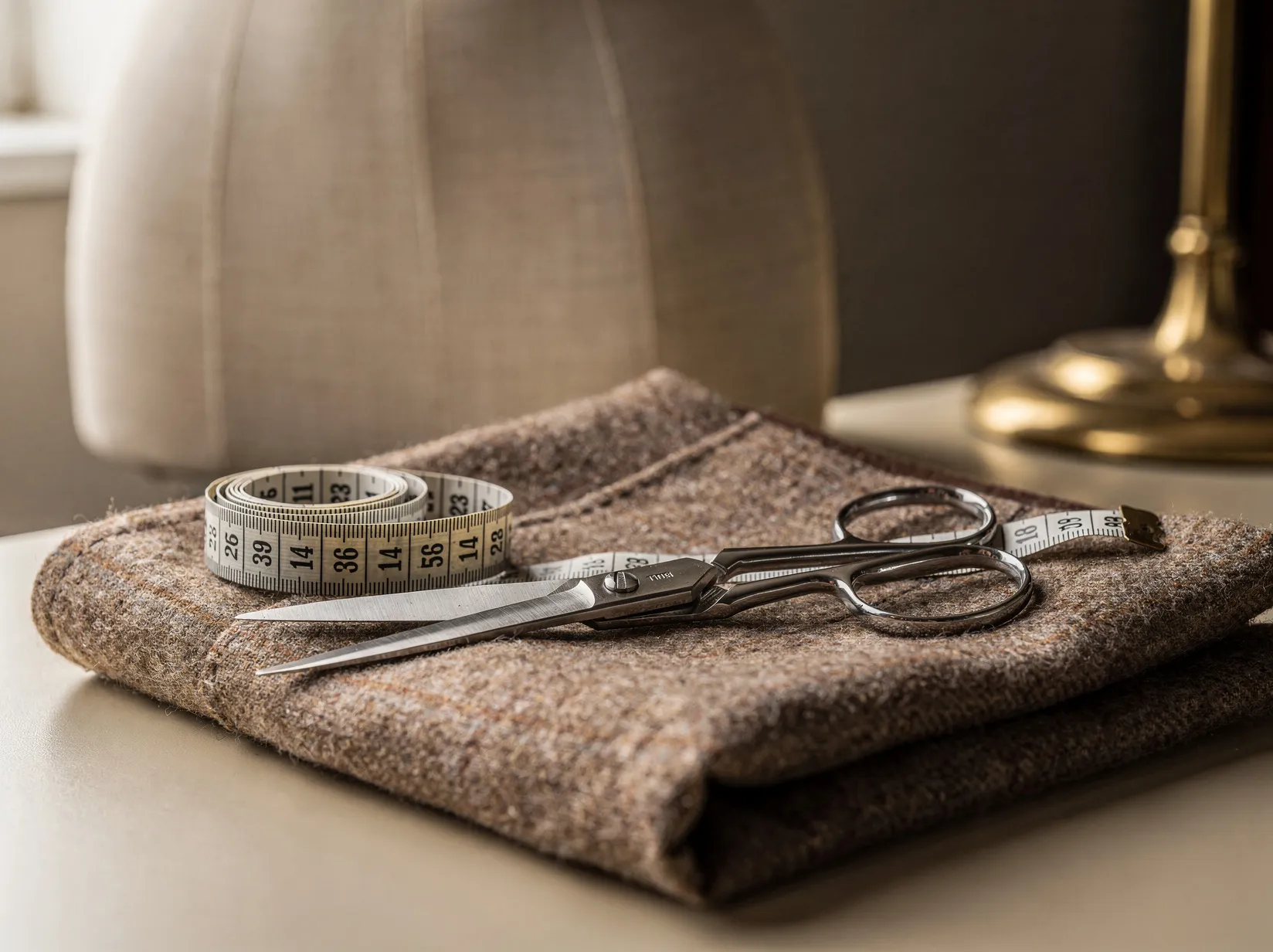 Tailor measuring tape and scissors on wool fabric