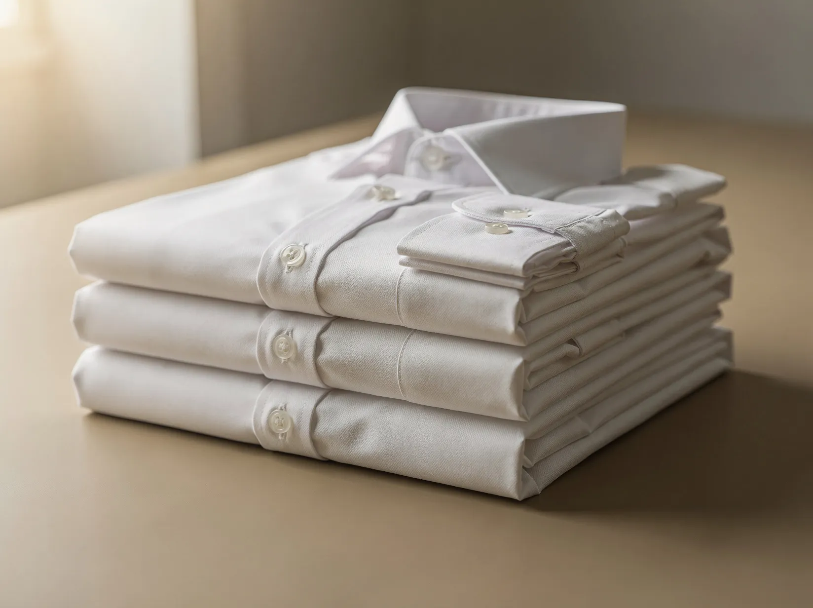 Folded crisp white dress shirts